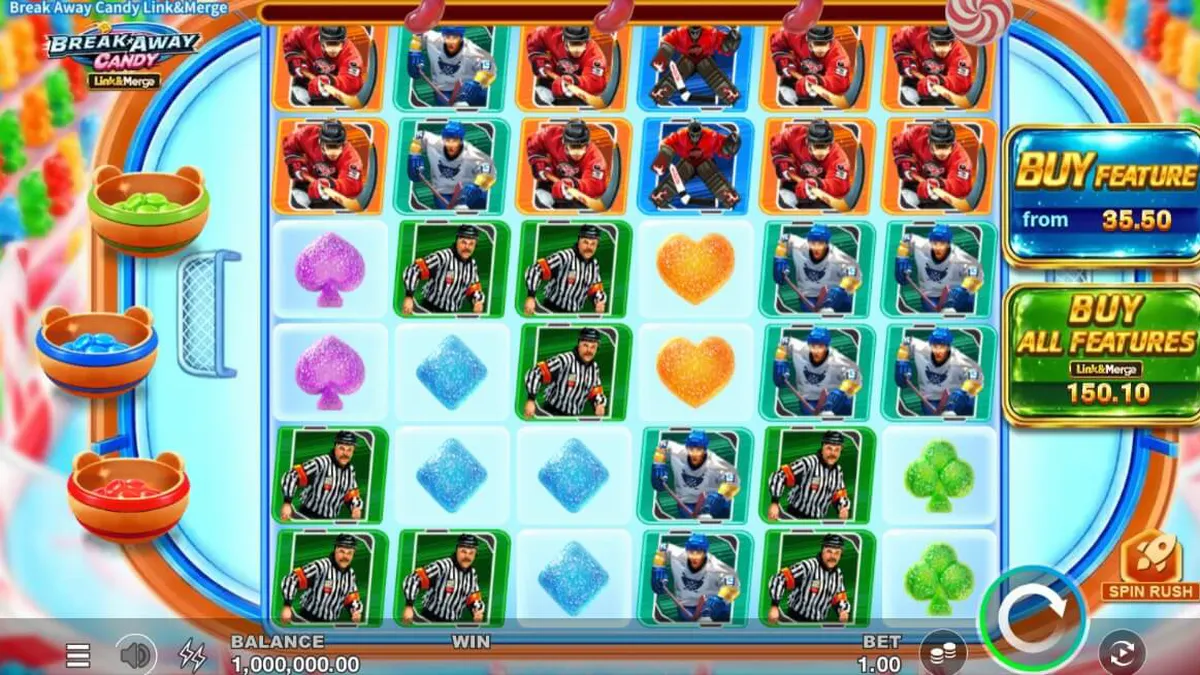 Break Away Candy Link&Merge স্লট গেমের রঙিন আইস হকি রিঙ্ক এবং ক্যান্ডি থিমযুক্ত গ্রিড